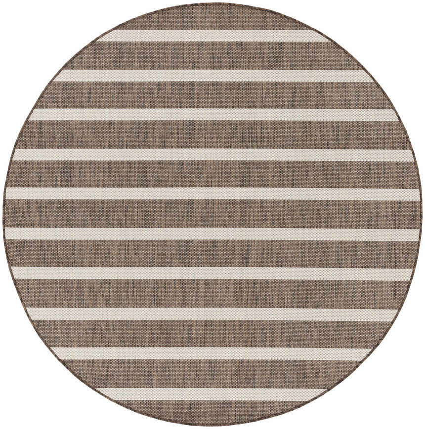 Close-up of a round Nourison Positano Natural Ivory rug. Features chestnut brown and ivory stripes with a woven texture.