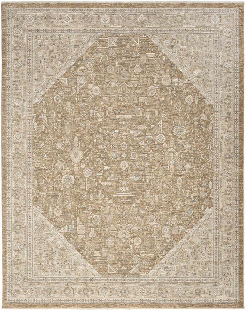 Close-up of Nourison Retreat Mocha Vintage Indoor Area Rug. Light brown, rectangle rug with a vintage-inspired design.