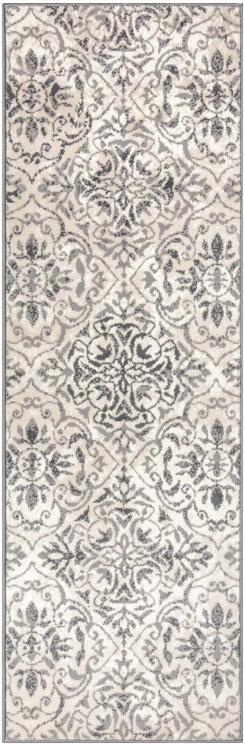 Close-up of Nourison Jubilant Ivory Grey Vintage Indoor Area Rug, featuring a chestnut floral and medallion pattern.
