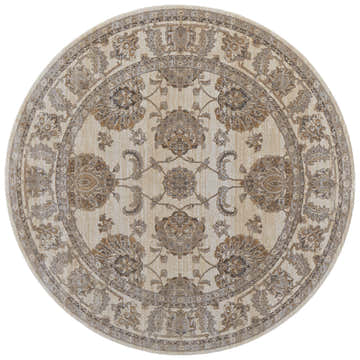 Detailed round Feizy Celene Tan/Ivory/Brown area rug with a traditional floral pattern and bordered design. Design-Round