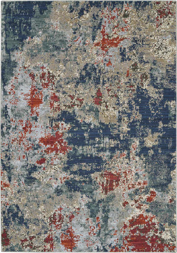 Close-up of the Nourison Artworks Navy/Brick rug, featuring a modern, abstract pattern in navy, gray, and red tones.