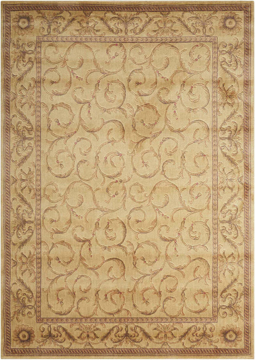 Close-up of the Nourison Somerset Ivory rug, featuring a traditional floral and vine pattern in chestnut and ivory tones.