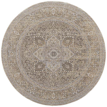 Feizy Celene Traditional Medallion round area rug in brown, ivory, and tan. Vintage style rug with ornate medallion pattern. Design-Round-51