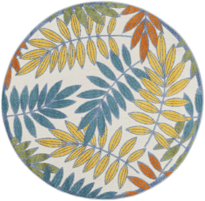Close-up of round Nourison Aloha Ivory Multicolor Tropical Area Rug with blue, green, yellow, and orange leaves.
