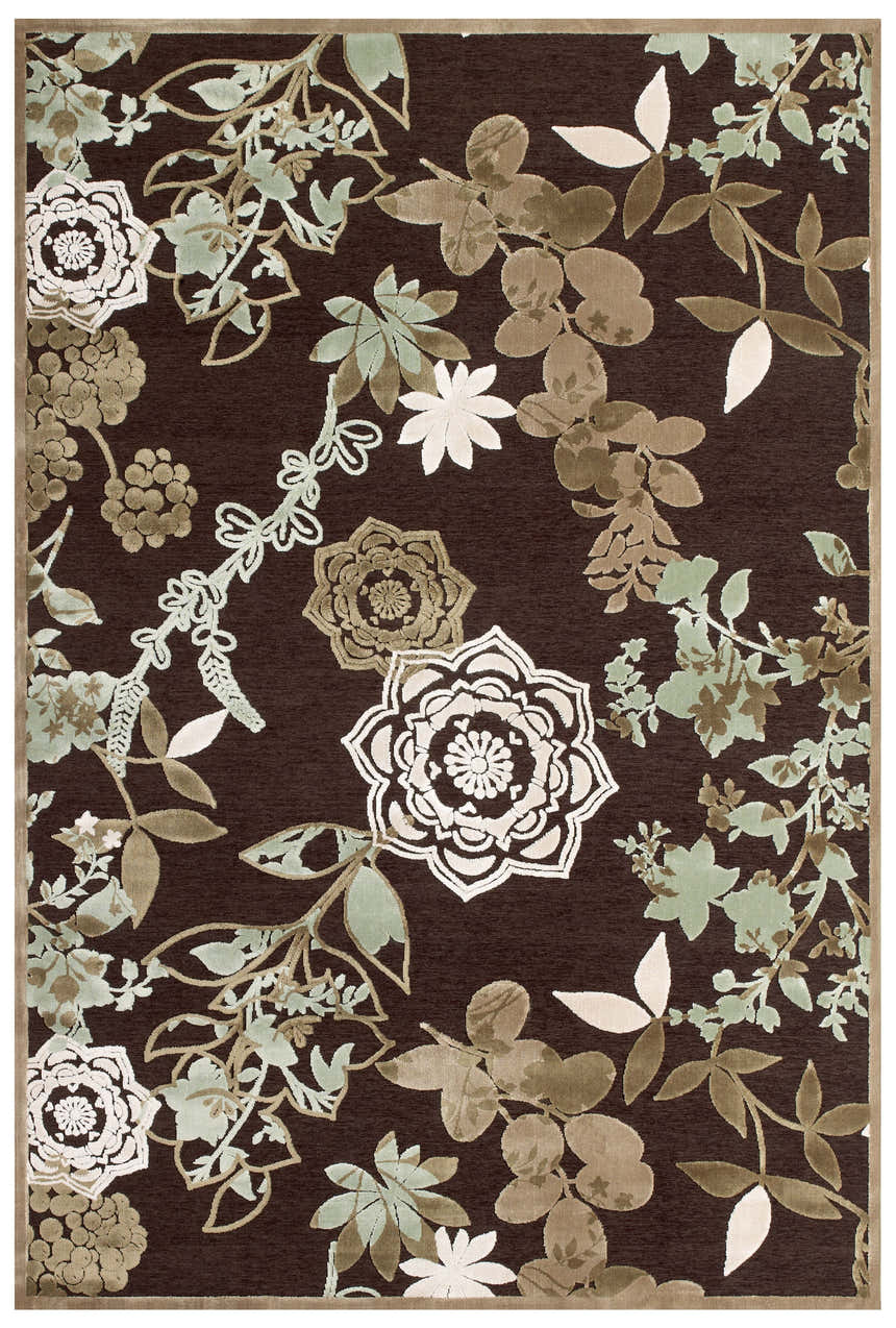 Feizy Saphir Mah rug with a modern floral and botanical pattern in brown, green, and ivory. Clearance item. Design-Rectangle