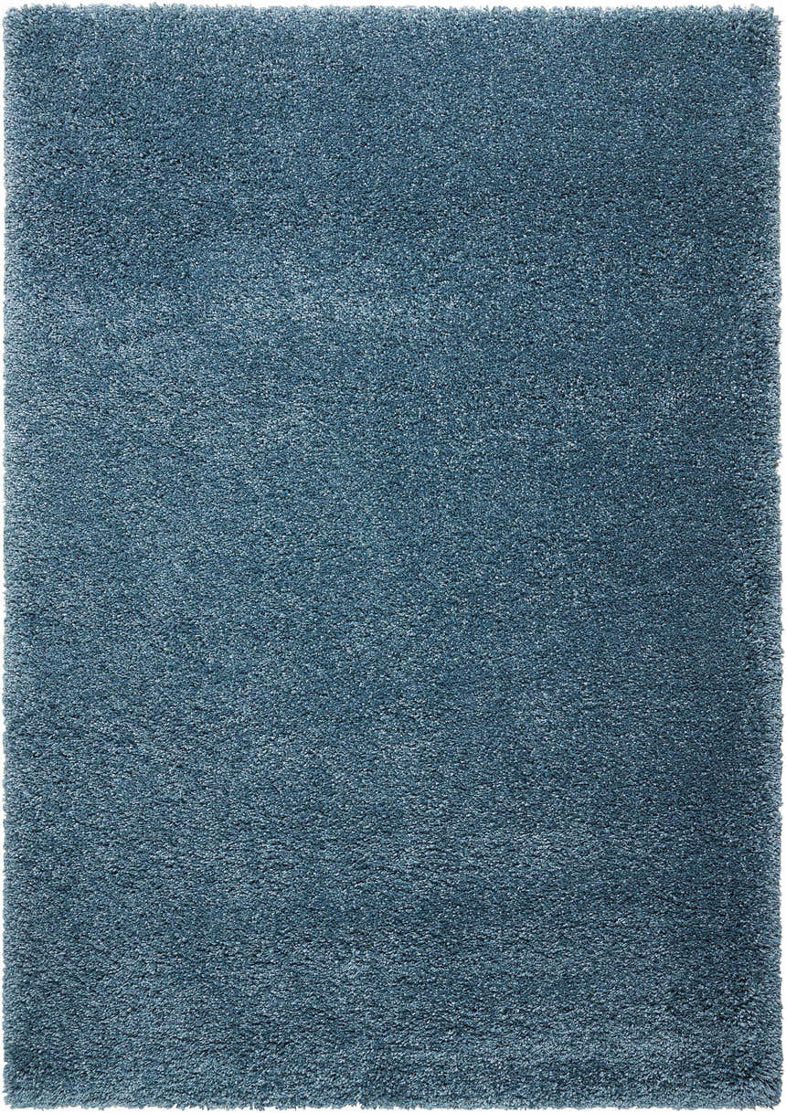 Close-up of the slate blue Nourison Amore shag rug, showing the soft texture and color variation. Clearance item.