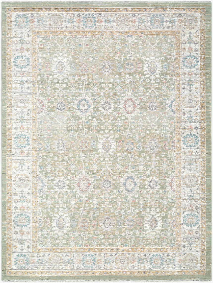 Detailed view of a Jamoi Brown Persian area rug with beige, cream, and light brown traditional patterns. Machine woven polypropylene. Design-Rectangle-537