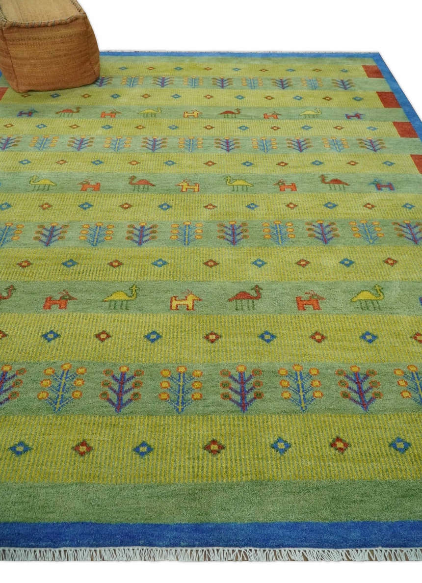 Animal and Tree Life Green, Blue and Rust Hand knotted Traditional Multi Size Wool Area Rug, Kids, Living Room and Bedroom Rug