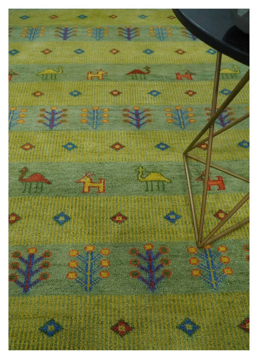 Animal and Tree Life Green, Blue and Rust Hand knotted Traditional Multi Size Wool Area Rug, Kids, Living Room and Bedroom Rug