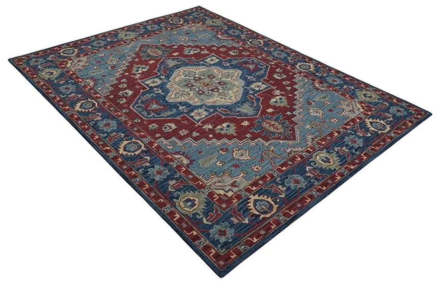 Antique look Maroon and Blue Hand Tufted Traditional Heriz Medallion Multi Size wool Area Rug