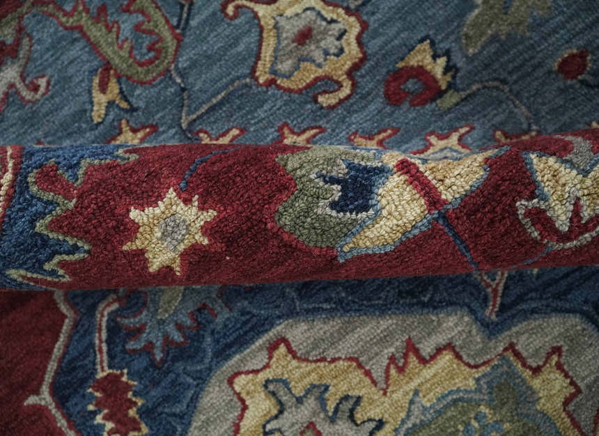Antique look Maroon and Blue Hand Tufted Traditional Heriz Medallion Multi Size wool Area Rug