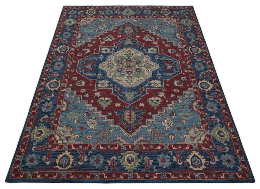 Antique look Maroon and Blue Hand Tufted Traditional Heriz Medallion Multi Size wool Area Rug
