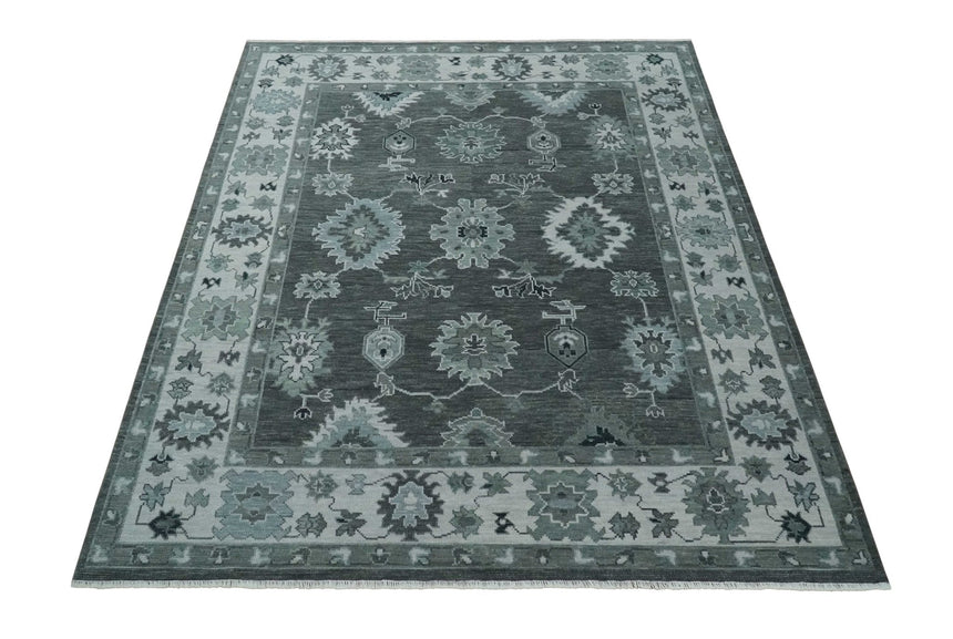 Antique Hand Knotted Charcoal and Ivory Traditional Oushak Wool Area Rug