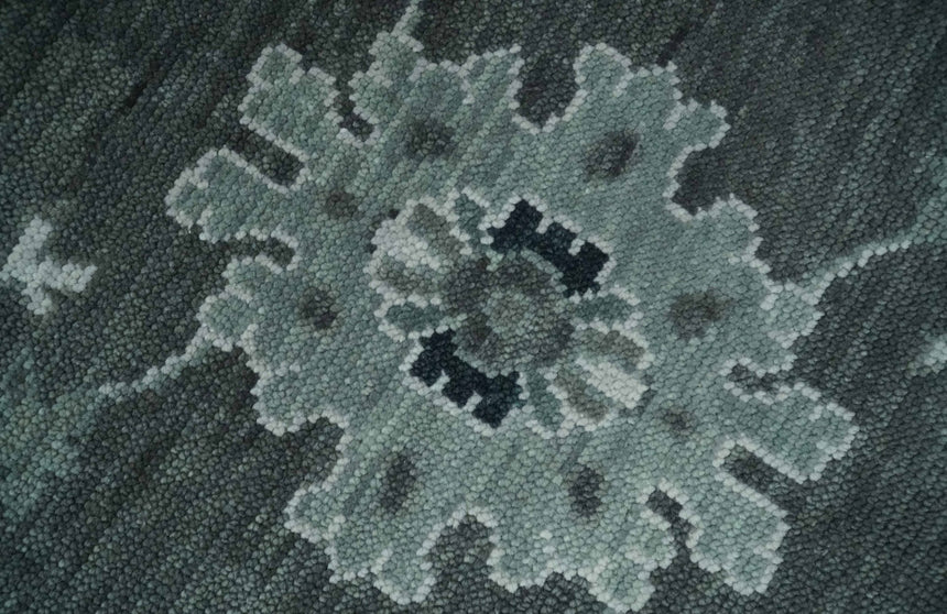 Antique Hand Knotted Charcoal and Ivory Traditional Oushak Wool Area Rug