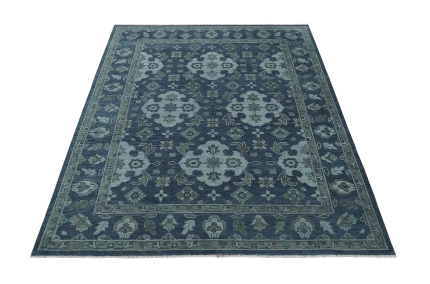 Antique Blue and Silver Traditional Hand Knotted Vintage Oushak Wool Rug, Living Room Rug