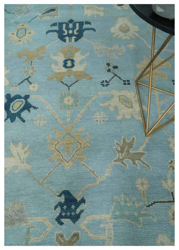 Antique Blue, Ivory and Beige Multi Size Traditional Oushak Wool Rug