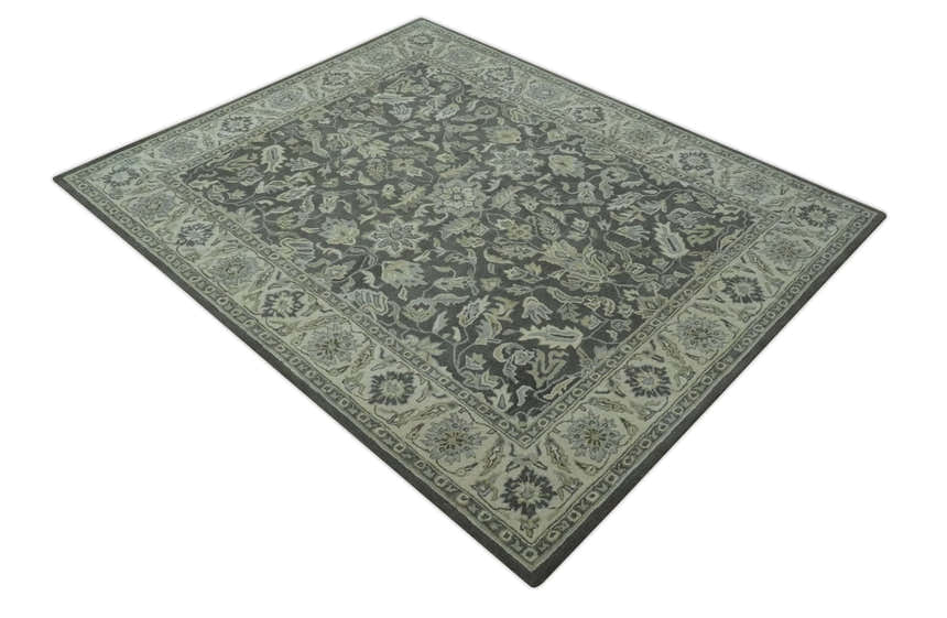 Antique Design 8x10 Charcoal and Beige Traditional Floral Hand Tufted rug