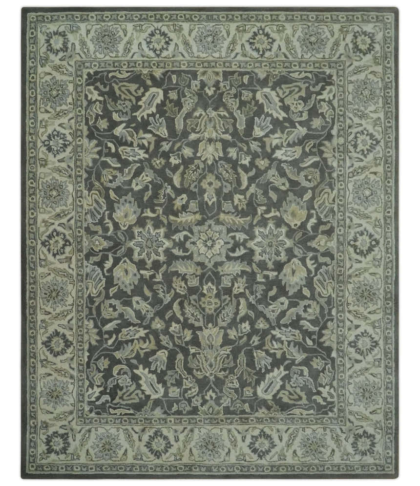 Antique Design 8x10 Charcoal and Beige Traditional Floral Hand Tufted rug