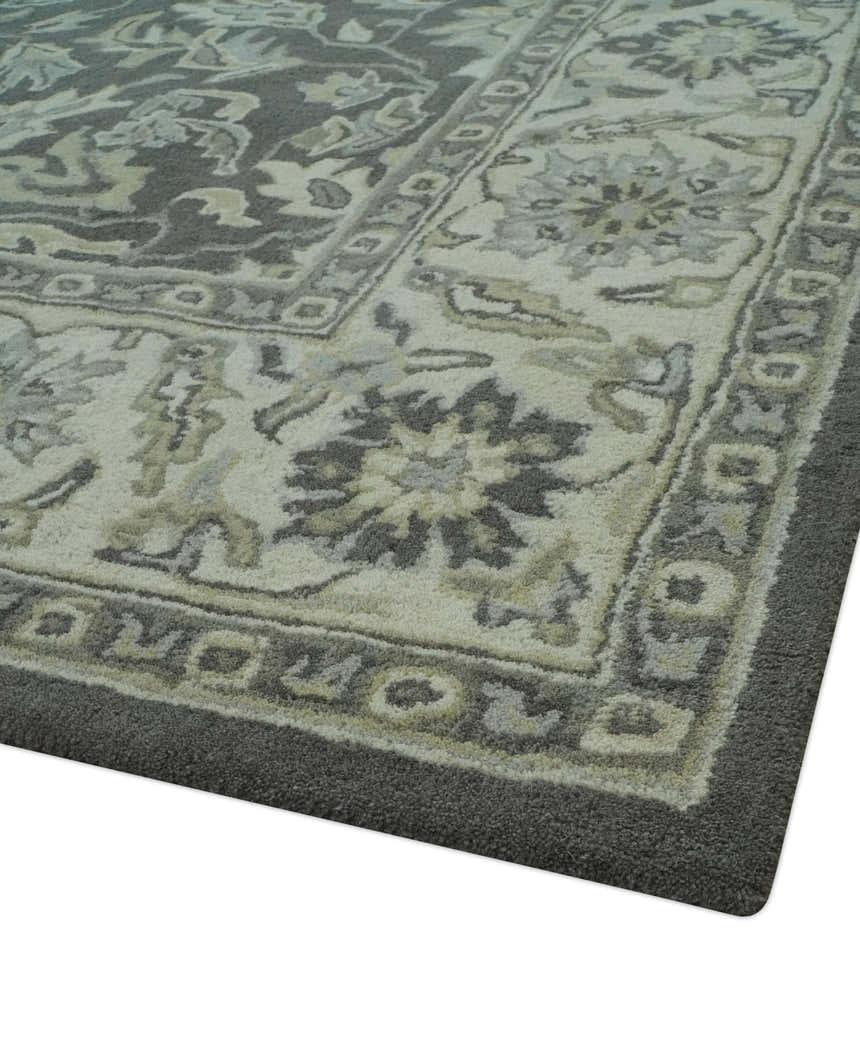 Antique Design 8x10 Charcoal and Beige Traditional Floral Hand Tufted rug