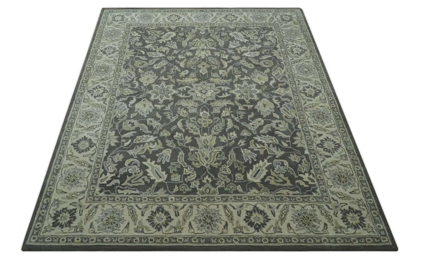 Antique Design 8x10 Charcoal and Beige Traditional Floral Hand Tufted rug
