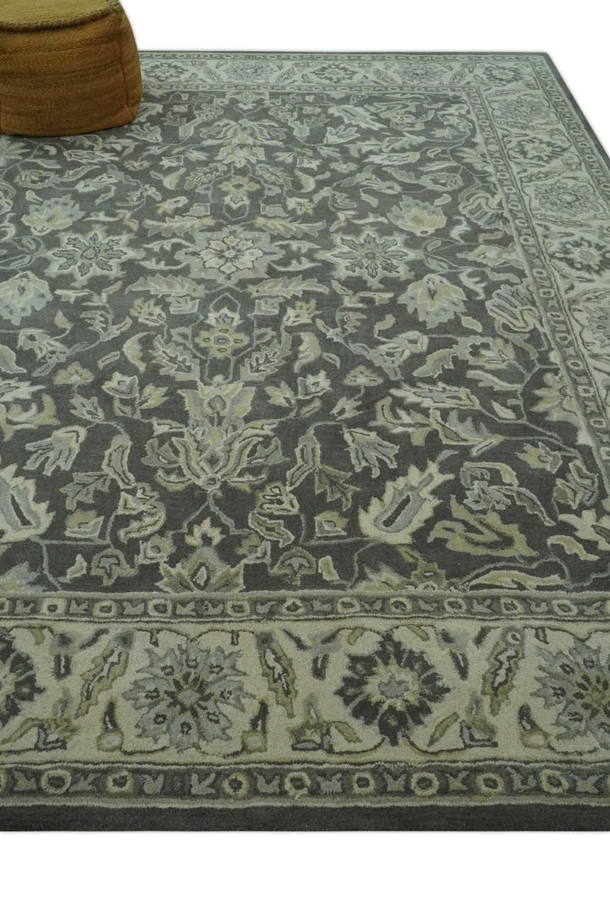 Antique Design 8x10 Charcoal and Beige Traditional Floral Hand Tufted rug