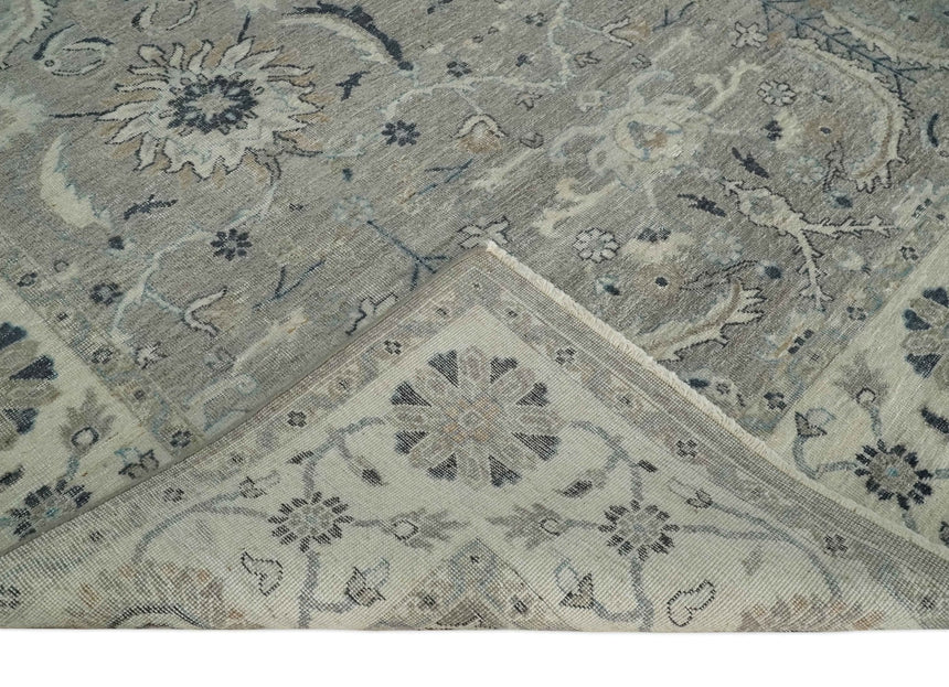 Custom Made Antique Distressed Brown and Beige Hand Knotted Traditional Oriental Oushak Wool Area Rug