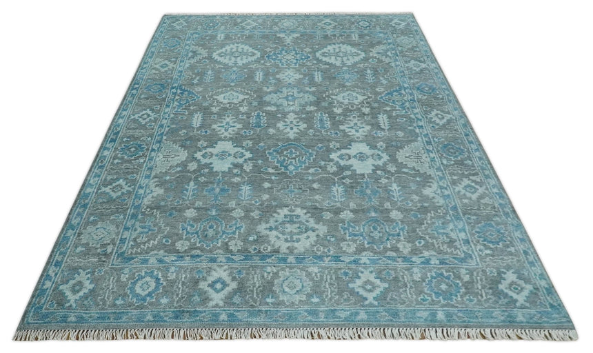 Antique Gray and Blue Hand Knotted 8x10 Oushak Turkish Wool Area Rug