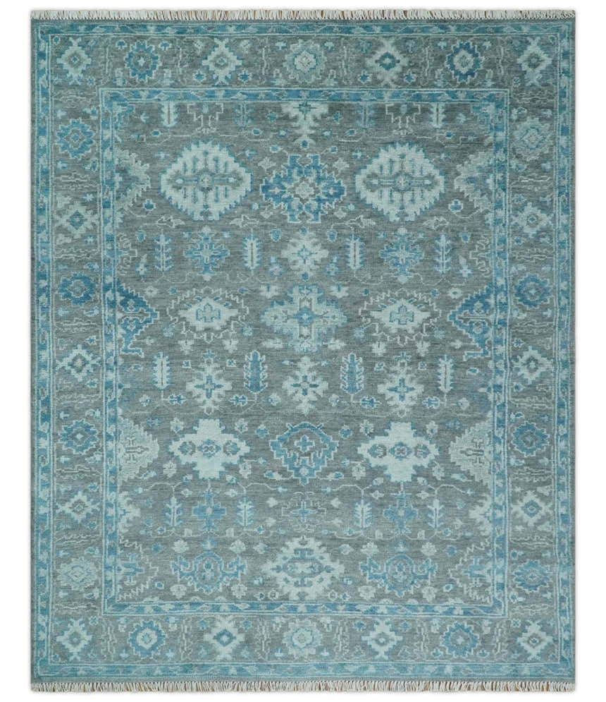 Antique Gray and Blue Hand Knotted 8x10 Oushak Turkish Wool Area Rug