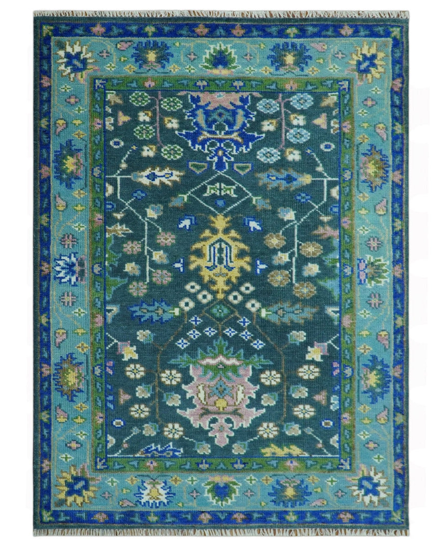Antique Hand Knotted Green Moss and Blue Traditional Turkish Vintage Oushak Custom Made Wool Area Rug