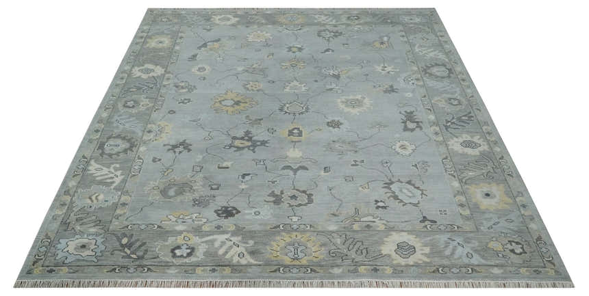 Antique Hand Knotted Silver and Charcoal Traditional Floral Oushak Wool Area Rug