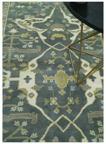 Antique look Charcoal, Ivory and Olive Hand Knotted Traditional Oriental Oushak wool rug