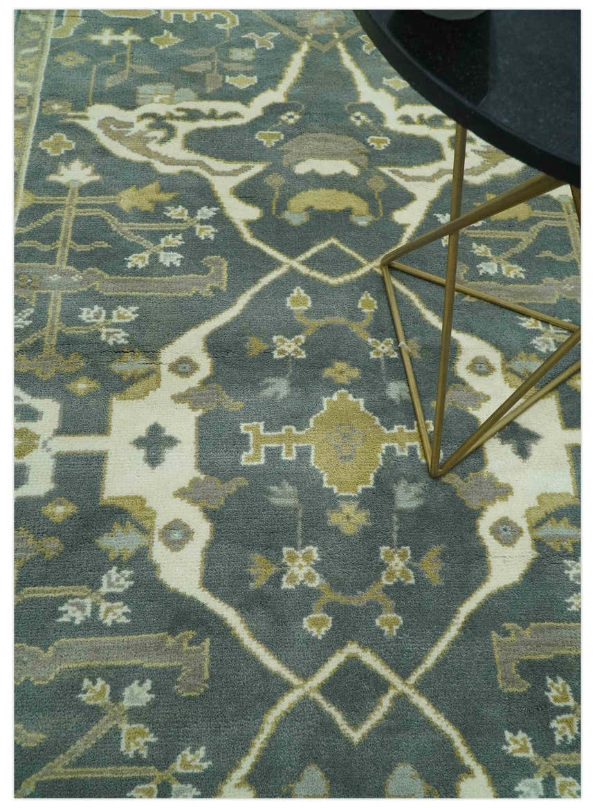 Antique look Charcoal, Ivory and Olive Hand Knotted Traditional Oriental Oushak wool rug
