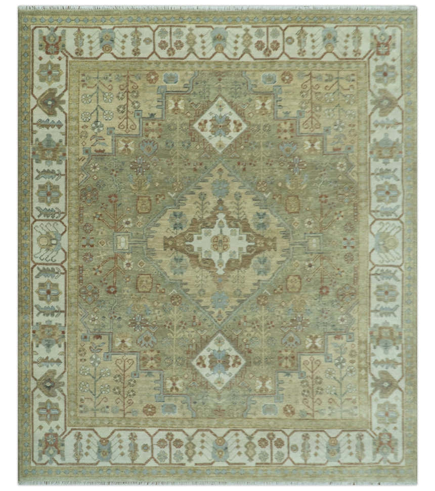 Antique Look Hand Knotted Medallion Olive and Ivory Vintage Style Wool Rug