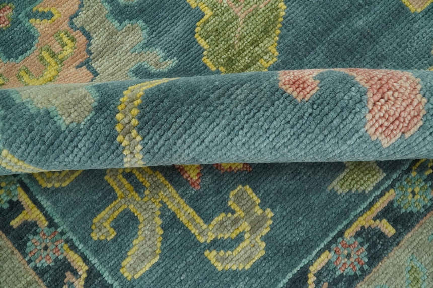 Antique look Teal and Olive Hand Knotted Traditional Oushak Custom Made wool rug