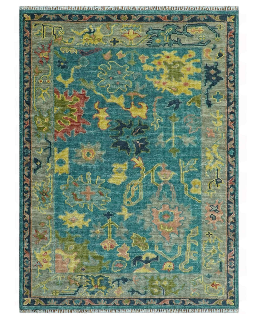 Antique look Teal and Olive Hand Knotted Traditional Oushak Custom Made wool rug