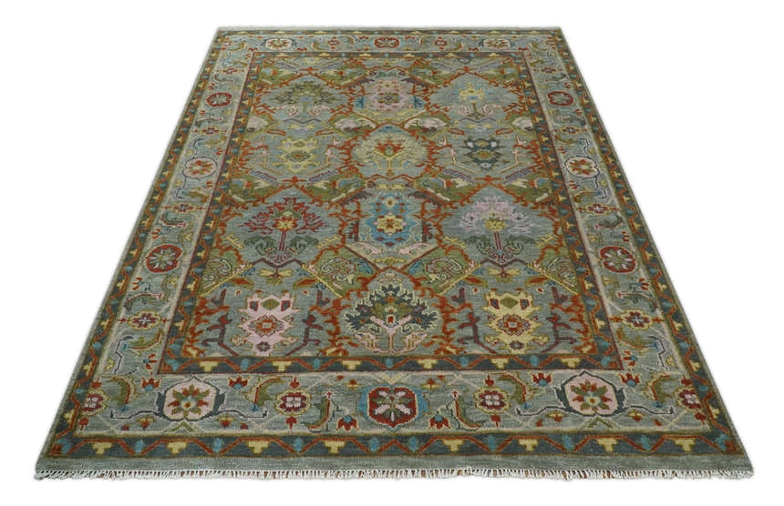 Antique Moss All Wool Traditional Persian Silver, Rust and Green Hand knotted Oushak Area Rug | TRDCP718