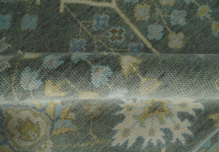 Antique Moss Charcoal Hand Knotted Olive and Beige Traditional Floral Vintage Wool Rug