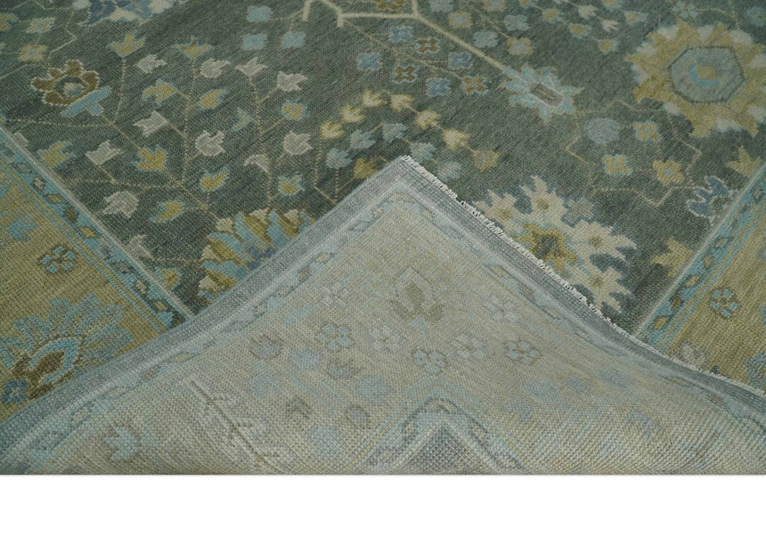 Antique Moss Charcoal Hand Knotted Olive and Beige Traditional Floral Vintage Wool Rug