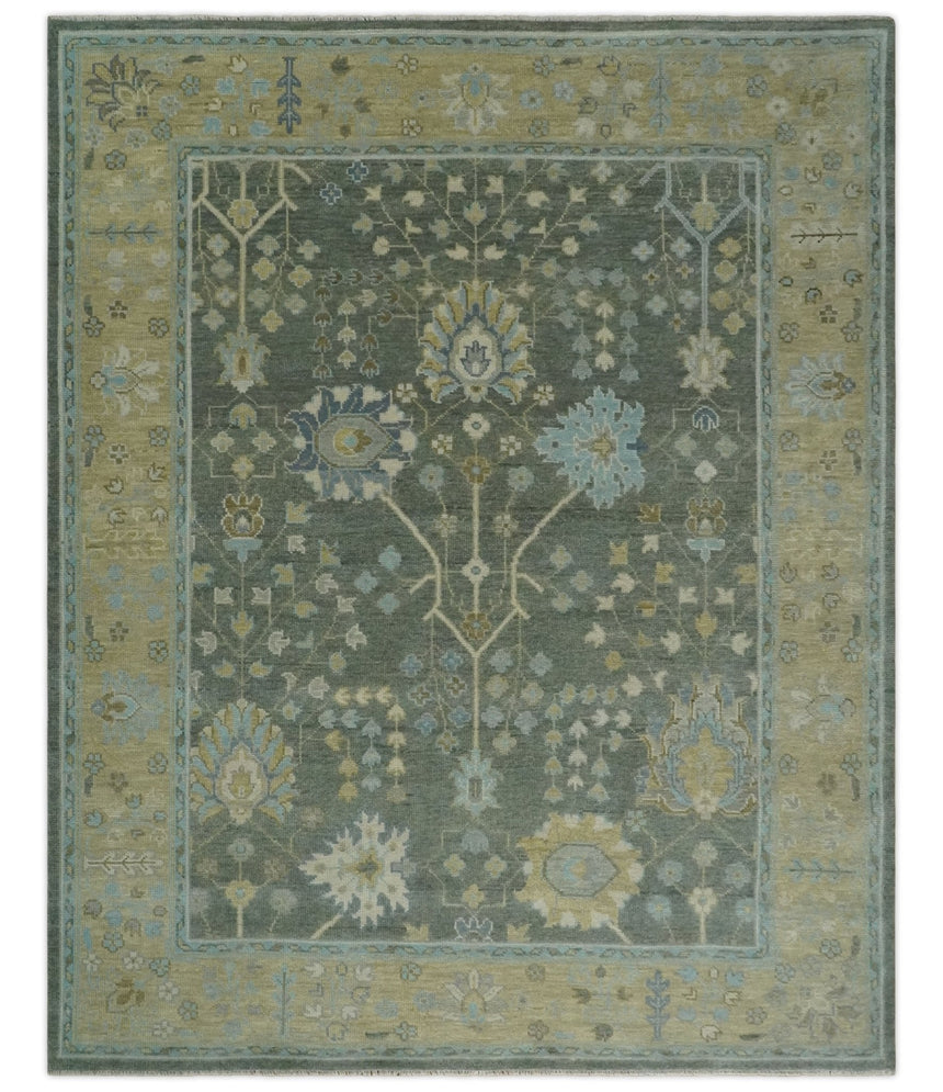 Antique Moss Charcoal Hand Knotted Olive and Beige Traditional Floral Vintage Wool Rug