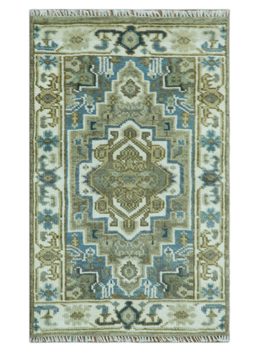 Antique Olive, Blue and Ivory Heriz Serapi Multi Size Wool Area Rug