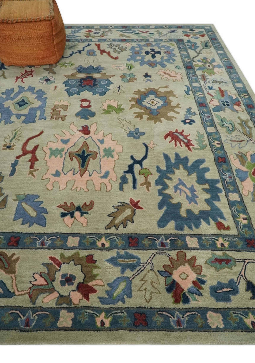 Hand Tufted Beige, Blue and Peach Traditional Oushak Custom Made wool Area Rug, Kids, Living Room and Bedroom Rug