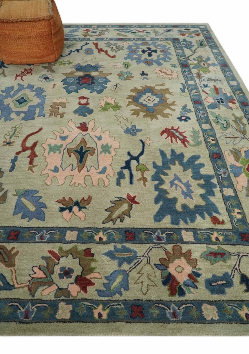 Hand Tufted Beige, Blue and Peach Traditional Oushak Custom Made wool Area Rug, Kids, Living Room and Bedroom Rug
