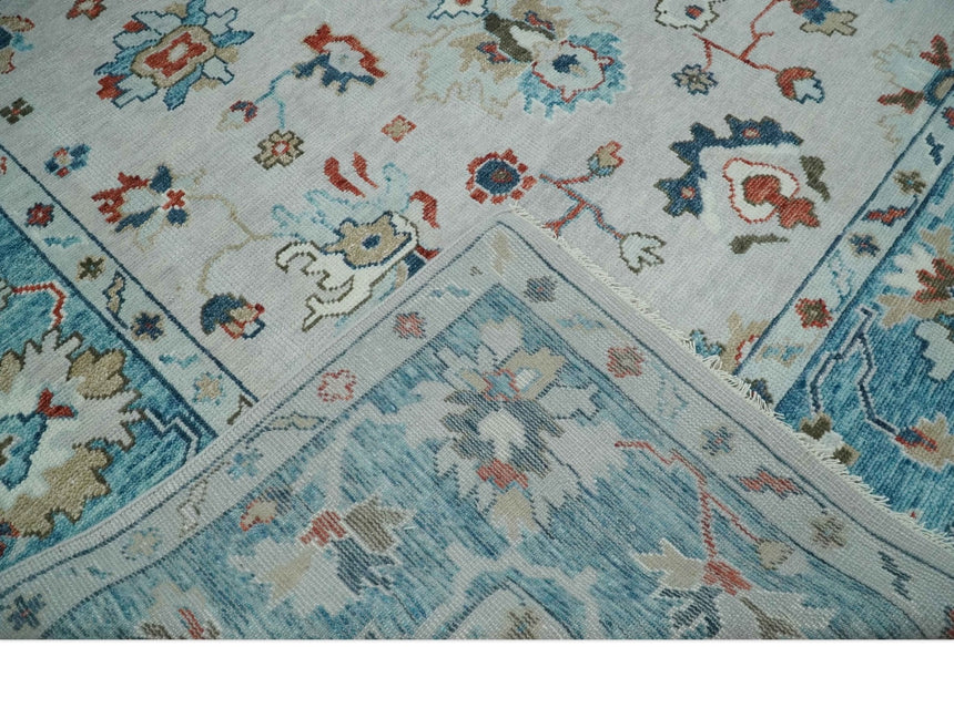 Ivory and Blue Vibrant Colorful Hand knotted Traditional Oushak Multi Size wool Area Rug