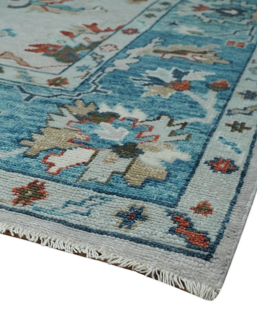 Ivory and Blue Vibrant Colorful Hand knotted Traditional Oushak Multi Size wool Area Rug