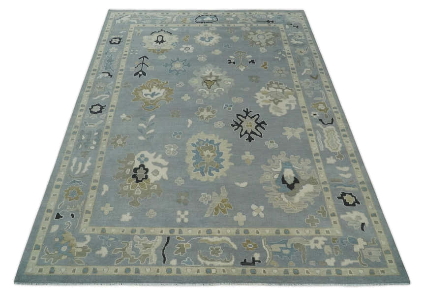 Custom Made Antique look Silver, Beige Hand Knotted Traditional Oushak Wool Area Rug