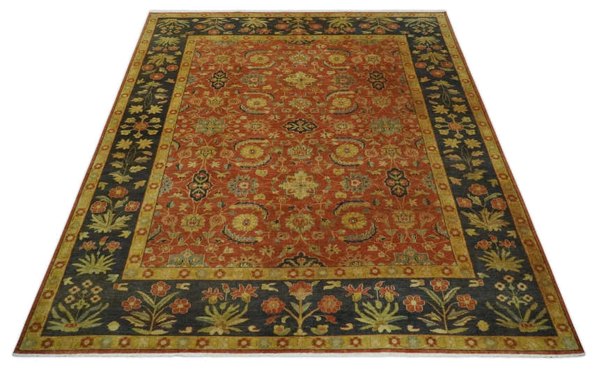 Antique Style 8x10 Rust, Black and Gold Hand Knotted Traditional Turkish Serapi Wool Area Rug