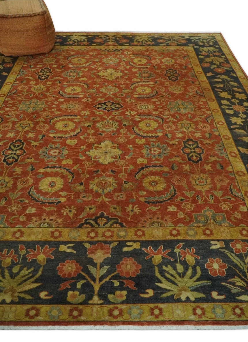 Antique Style 8x10 Rust, Black and Gold Hand Knotted Traditional Turkish Serapi Wool Area Rug