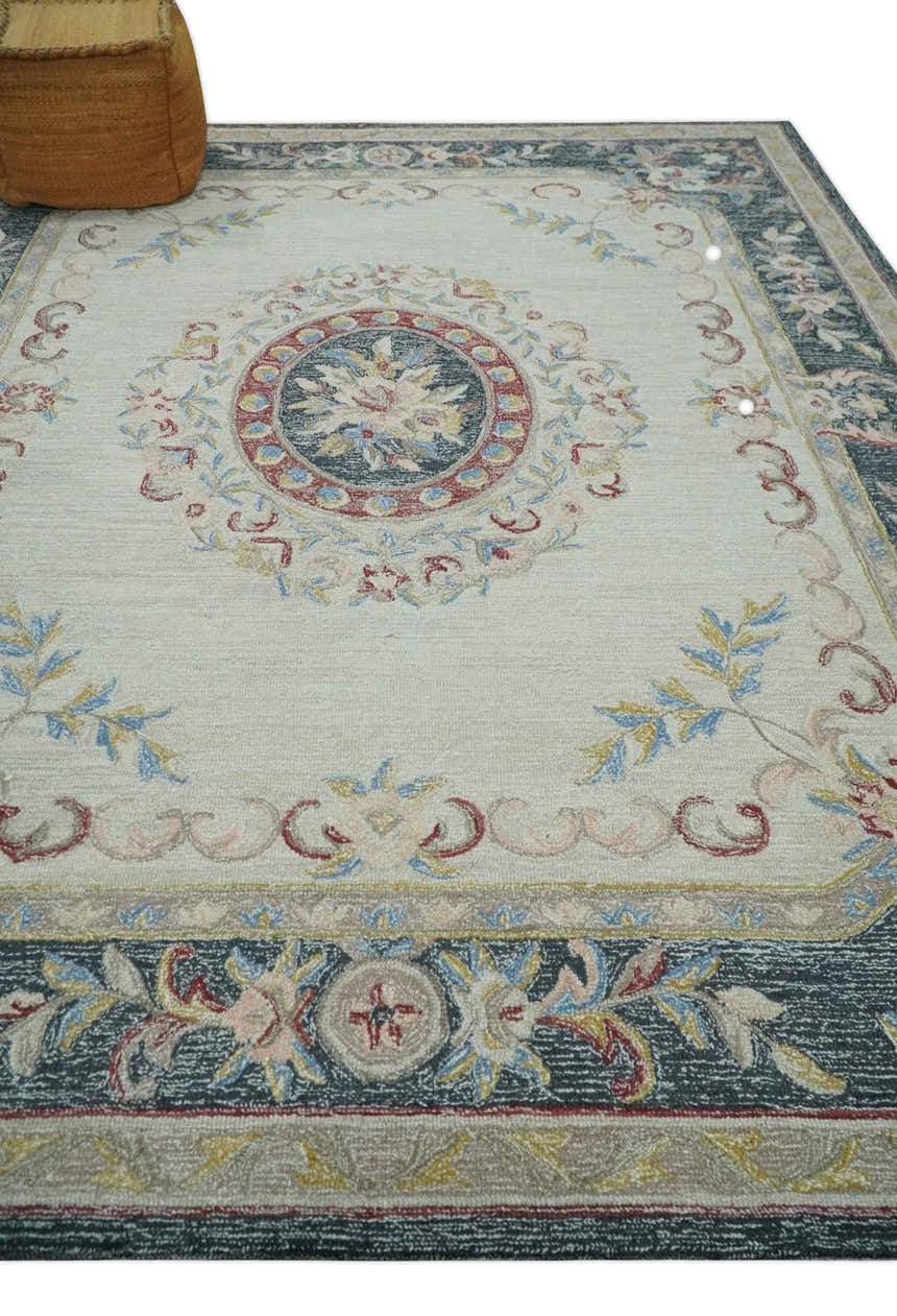 Antique Style Beige and Charcoal Aubusson design Hand Tufted 8x10 wool Area Rug