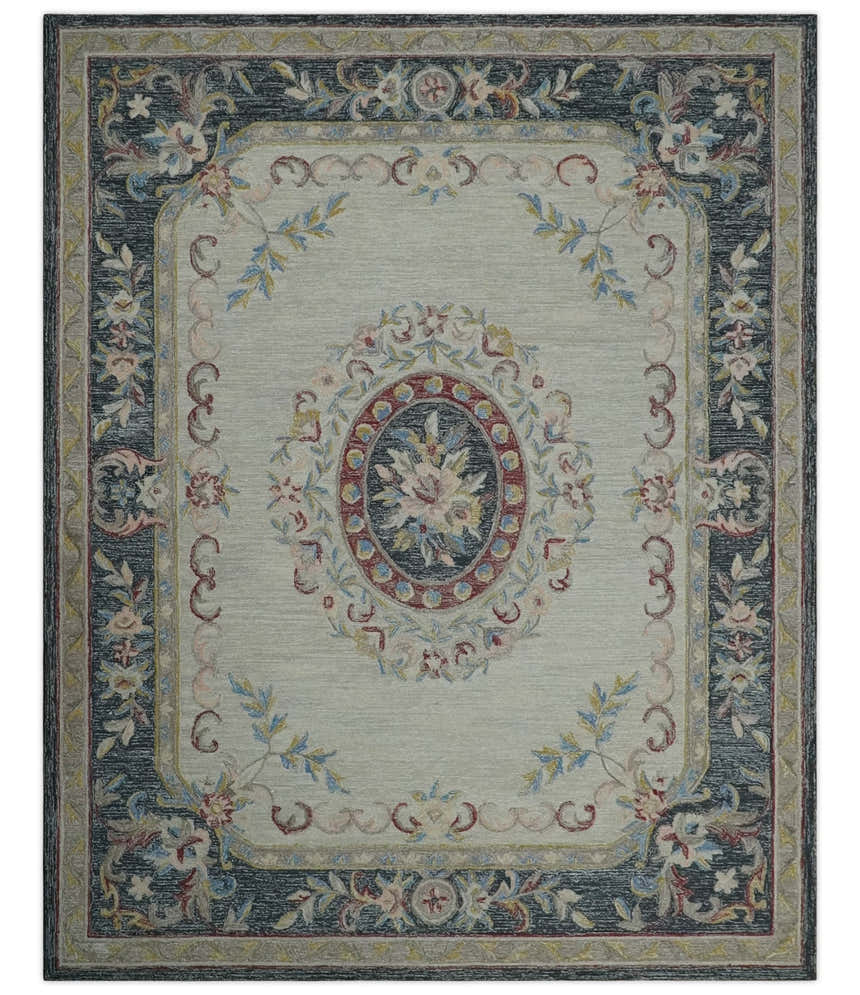 Antique Style Beige and Charcoal Aubusson design Hand Tufted 8x10 wool Area Rug