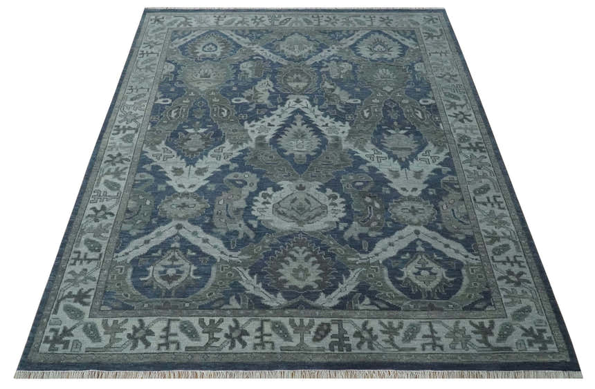 Antique style Blue, Charcoal and Silver Hand Knotted dragon Oushak Wool Area Rug